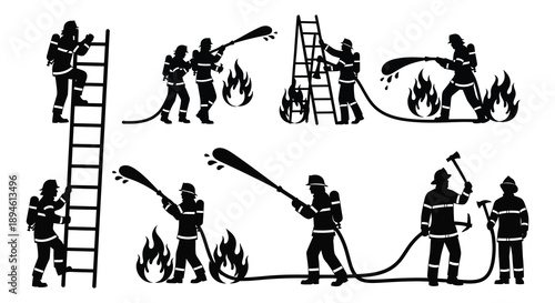A collection of firefighter silhouettes performing various rescue actions including climbing ladders and extinguishing flames on transparent background high quality professional