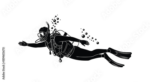 A black silhouette of a scuba diver swimming with bubbles ideal for design work on transparent background silhouette high quality professional