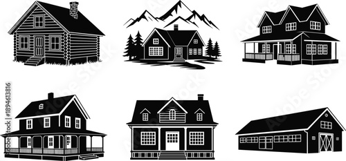 Rustic cabin and house silhouette vector set, black and white traditional home illustration, countryside architecture, real estate graphic design collection