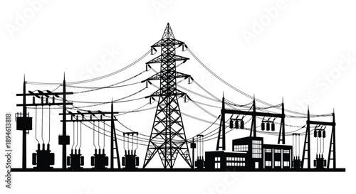 A striking black silhouette of power lines transmission towers and substations on transparent background high quality professional detailed modern elegant stylish