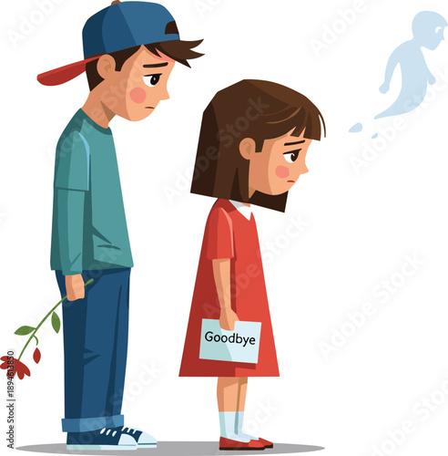 Sad children saying goodbye, emotional cartoon scene, farewell moment, ghostly figure, wilted flower, expressive illustration, loss and separation, heartfelt goodbye