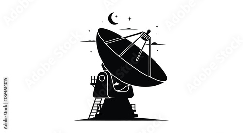 A striking black silhouette of a radio telescope pointing towards a crescent moon and stars on transparent background high quality professional