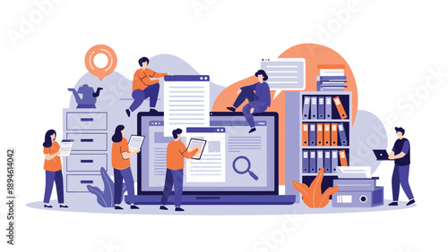 An office team collaborating on document management and archiving, organizing digital files on a laptop and physical files in binders.