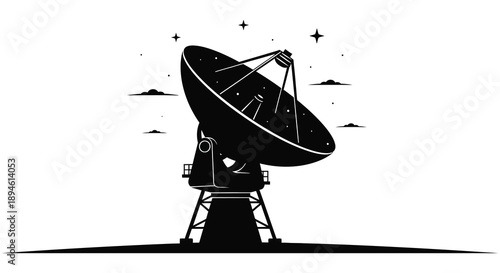 A black silhouette of a radio telescope pointed towards stars ideal for design projects on transparent background high quality professional detailed