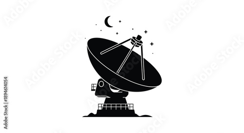 A striking black silhouette of a satellite dish pointed towards a crescent moon on transparent background high quality professional detailed modern