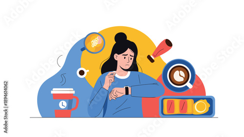 A tired and stressed woman suffering from burnout and fatigue, checking the time while relying on caffeine to stay awake.