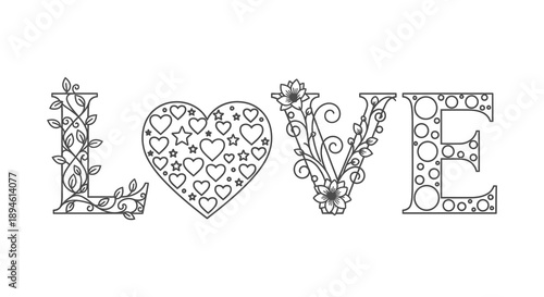 Intricate floral lettering spells love with detailed heart and vine designs perfect for crafting on transparent background silhouette high quality professional