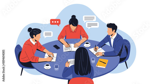 Flat vector illustration showing a diverse team of colleagues sitting around a circular table during a productive business meeting or brainstorming session.