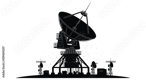 A striking black silhouette of a radio telescope with supporting structures ideal for projects on transparent background high quality professional detailed
