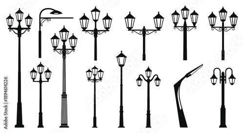 A collection of ornate street lamps in a black silhouette style ideal for design projects on transparent background high quality professional