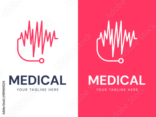 Medical Health with Heart Rate or Pulse Rate Heart connecting Doctor Stethoscope lines logo vector illustration design concept. Modern Medical logotype for ui, Healthcare, medical technology, wellness