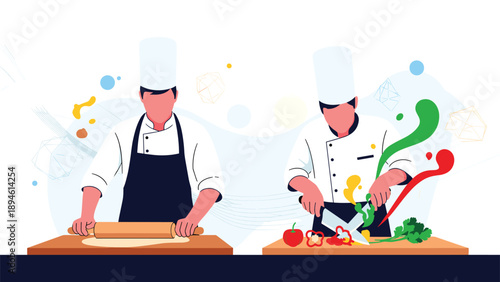 Set of two illustrations showing a professional male chef in uniform preparing food, one rolling dough with a rolling pin and the other chopping vegetables.