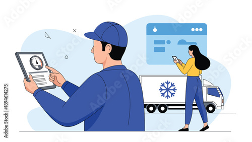 Concept illustration of cold chain logistics, with a delivery driver checking a tablet and a woman tracking a refrigerated truck on her smartphone.
