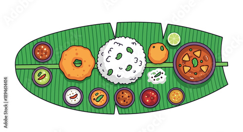 Illustration of a traditional Indian thali meal served on a green banana leaf with various dishes and rice