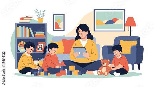 A loving mother or babysitter sitting on the floor reading from a tablet to three happy children who are playing with blocks and a teddy bear in a cozy room.