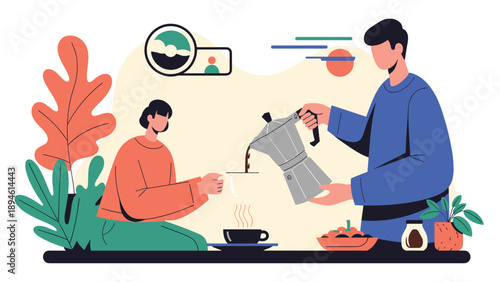 A cozy illustration of a man pouring freshly brewed coffee from a moka pot for a woman, enjoying a relaxing morning or coffee break together at home.
