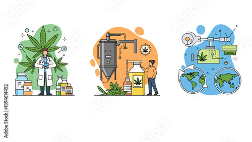 Set of three illustrations showing the process of medical cannabis production, from scientific research and extraction to global distribution.
