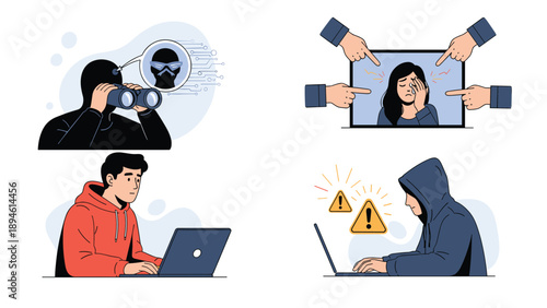 A set of four illustrations depicting cyberbullying, online harassment, hacking, and internet crime, showing victims and anonymous perpetrators.