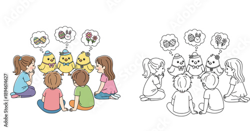 Cute children sitting with easter chicks dreaming of spring holidays, vector illustration set with colored version and black and white outline for coloring book page.
