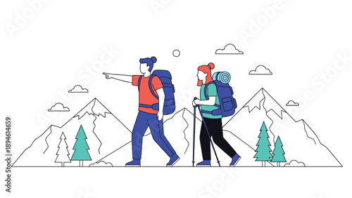 Line art illustration of a young couple with backpacks and hiking poles trekking in the mountains, enjoying an adventurous outdoor lifestyle.