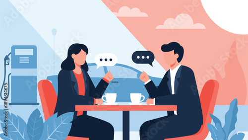 A businessman and businesswoman having a conversation over coffee at an outdoor cafe table, with a car and gas station visible in the background.