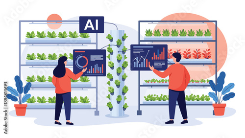 Two people managing a modern vertical farm with AI technology, analyzing data on screens to optimize plant growth in an indoor farming system.