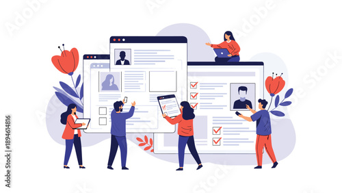 Human resources and recruitment concept with a team of HR managers reviewing online candidate profiles and resumes to hire new employees.