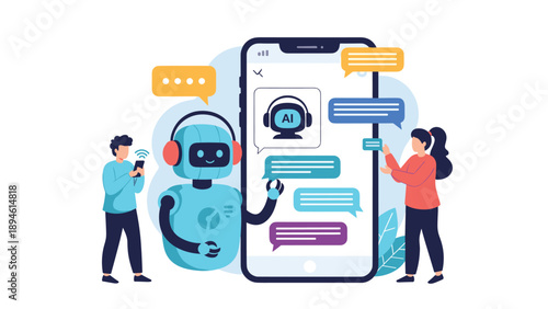 People interacting with an AI chatbot on a smartphone, illustrating the use of artificial intelligence for customer service and virtual assistance.