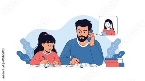 A father helping his daughter with homework while talking on the phone, illustrating the challenges of working from home and remote learning.