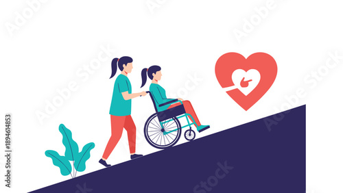 A compassionate caregiver pushing a woman in a wheelchair up a ramp, with a heart symbol representing support, love, and assistance for disabled people.