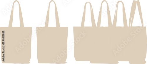 Set of beige canvas tote bags, eco-friendly reusable shopping bags, isolated on white background, blank template for branding, design mockup