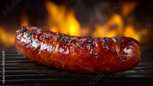 Grilled sausage with crispy caramelization on a barbecue grill against a backdrop of orange flames highlighting smoky grilling textures