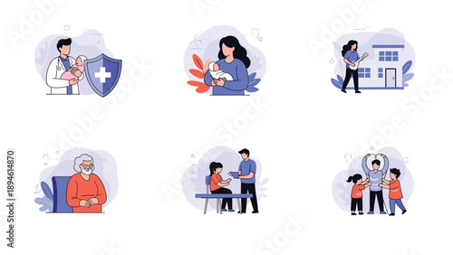 A set of six flat illustrations showing various aspects of family and health insurance, including newborn care, doctor visits, and property protection.