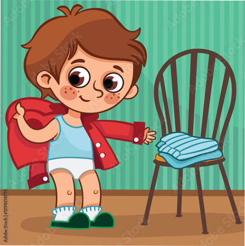 Adorable cartoon boy dressing himself. Flat vector clipart style illustration suitable for kids activities, morning routine concepts, preschool education, posters, and digital or print projects.