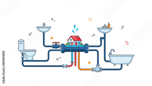 A schematic diagram showing a house's plumbing system, including pipes connecting to a toilet, bathtub, and sinks for both hot and cold water.