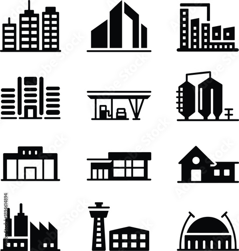 City building icons set, commercial, residential, industrial, public structures vector illustration, black architecture silhouettes for urban, real estate, planning