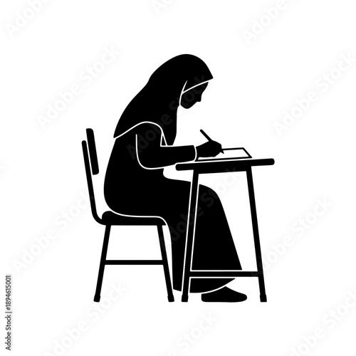 Black and white silhouette of a female student in a hijab sitting at a school desk and writing in a notebook. Commercial illustration for education, diversity, and religious identity themes.