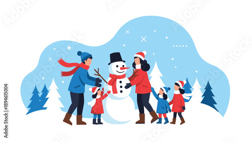 A happy family of five, including parents and three children, building a snowman together in a snowy winter landscape with pine trees.