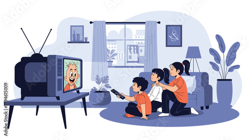 Three children sitting on the floor in a cozy living room, watching a cartoon on a retro television set while one child holds the remote control.