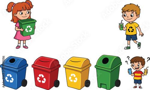 Children learning to recycle waste with colorful bins, cartoon style, teaching environmental awareness, waste management, eco-friendly concept illustration
