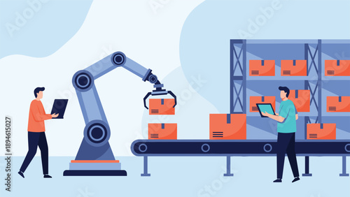 Modern warehouse automation with a robotic arm moving boxes on a conveyor belt, supervised by two workers with tablets managing the logistics process.