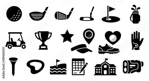 Golf icon set with club, ball, cart, clubhouse, and tournament awards.