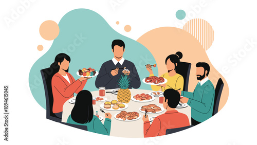 A diverse group of friends or colleagues sitting around a dining table, enjoying a meal and conversation together at a dinner party or restaurant.