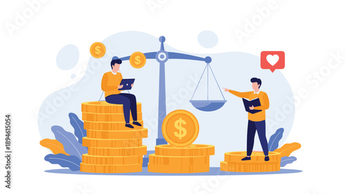 A financial concept illustration showing a comparison between two investments, with men and coins on either side of a large balance scale.