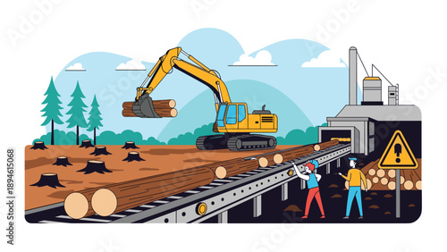 Illustration of a logging industry operation, with an excavator moving logs onto a conveyor belt at a sawmill, showing the process of deforestation.