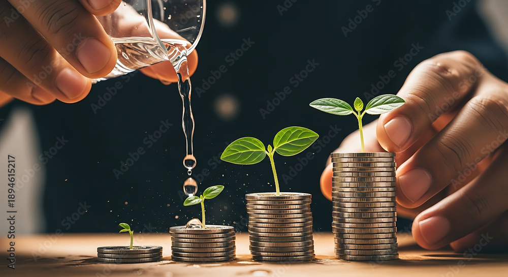 custom made wallpaper toronto digitalHands are carefully watering small green plants growing on stacks of coins, symbolizing financial growth and investment.