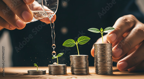 Wallpaper Mural Hands are carefully watering small green plants growing on stacks of coins, symbolizing financial growth and investment. Torontodigital.ca