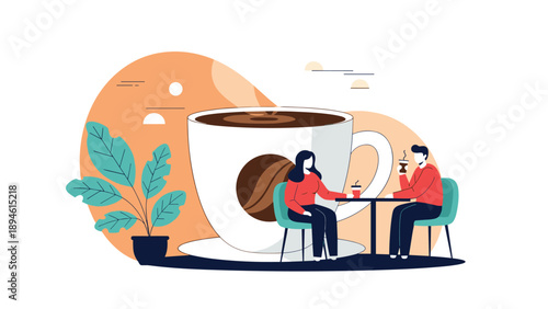 A young couple sitting at a table in a cafe, enjoying a coffee date and conversation, with a large coffee cup and a plant in the background.