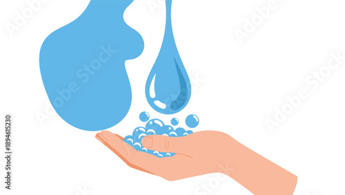 A simple illustration promoting hand hygiene, showing water and soap bubbles being poured into an open hand to represent washing and cleanliness.