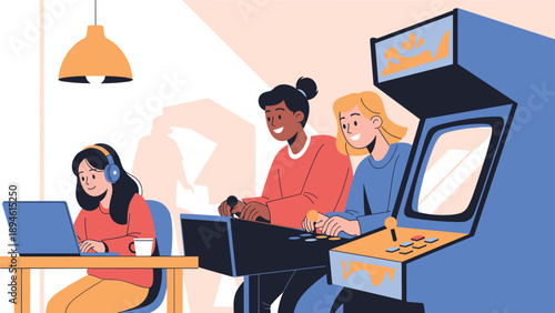 A diverse group of young women enjoying their leisure time, with two friends playing an arcade game while another works on a laptop with headphones.